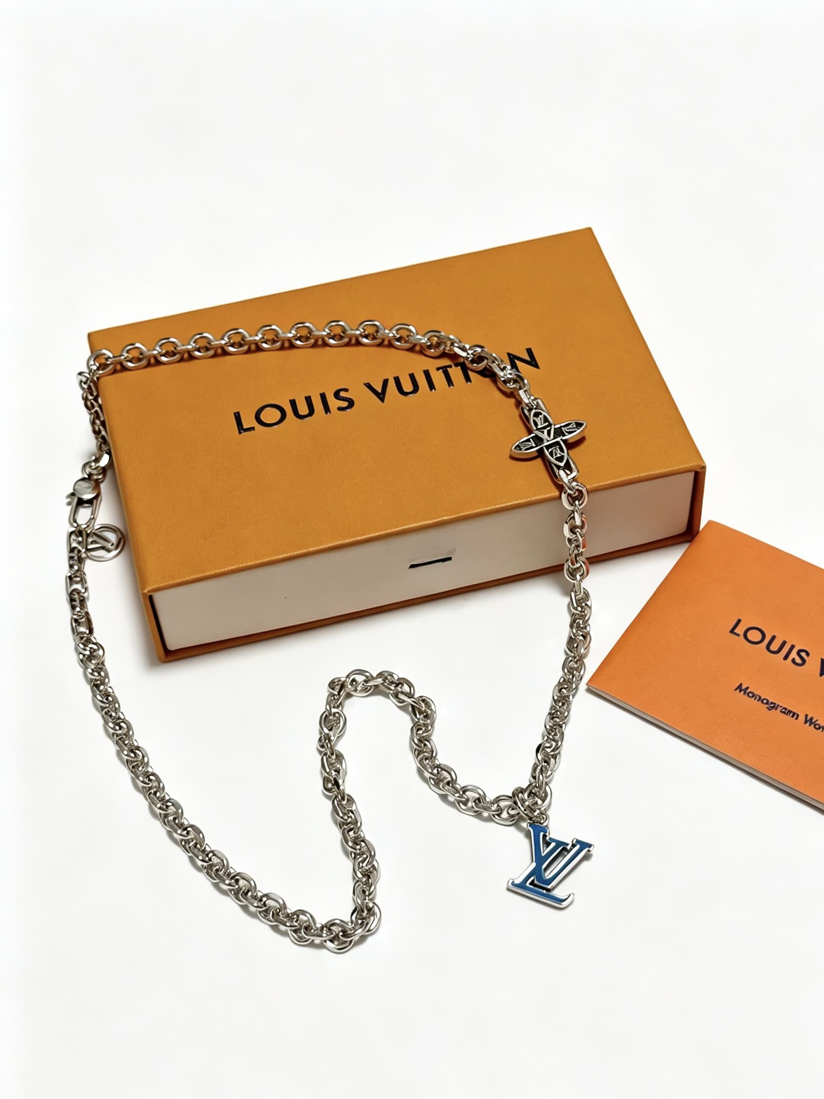 Louis Vuitton Silver Chain Necklace with LV Logo